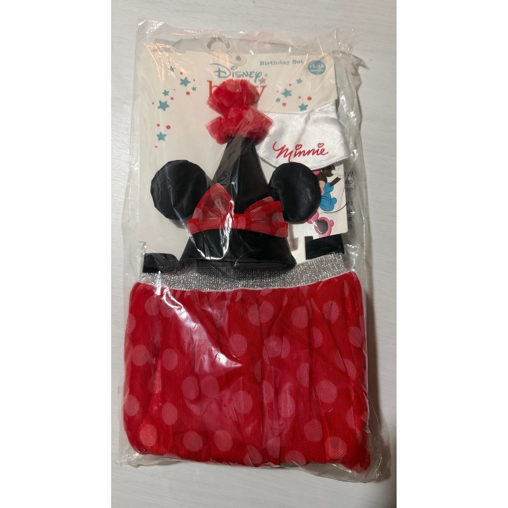 Disney Baby Minnie Mouse Birthday Set Tutu Bib Party Hat Red Polka Dot 12-18M